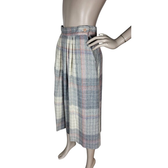 VTG 70s Wool Blend Grey Pink Plaid Tweed Midi Secretary Academia Librarian Skirt - Picture 4 of 8